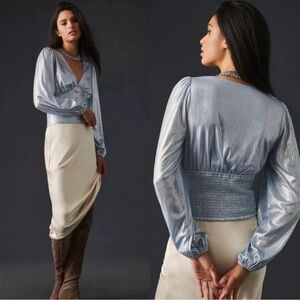 Anthropologie FLAT WHITE Shine Metallic Button Front Blouse in Silvery Blue